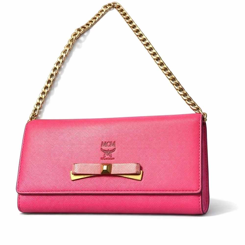 MCM Pink Leather Tri-fold wallet with Bow detail, gold hardware & chain add on
